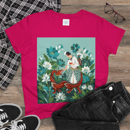 🐉🌿 The Dragon Keeper Cotton Tee – Art Deco Floral Fantasy