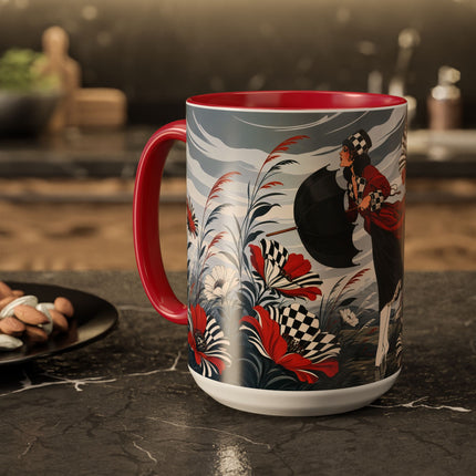 ☔🌹 The Scarlet Checkerboard Rainstorm Colorful Mug – Art Deco Floral Elegance