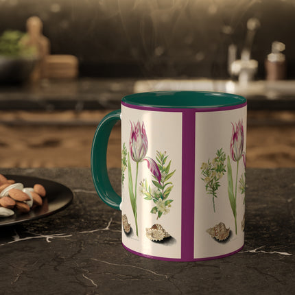 Tulip, Branches of Myrtle and Shells by Maria Sibylla Merian Colorful Mugs, 11oz