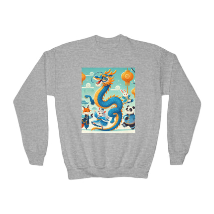 Blue & Gold Dragon Festival Parade Youth Crewneck Sweatshirt – Celebration, Color & Joyful Movement