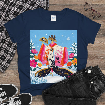 🦋❄️ Butterflies In The Snow Cotton Tee – Art Deco Japanese Floral Fantasy