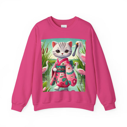 Geisha Kitten Strolls Among the Spoonbills  Unisex Heavy Blend™ Crewneck Sweatshirt