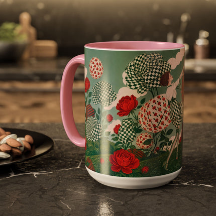 🌹💚 The Scarlet Rose Checkerboard Garden Colorful Mug – Art Deco Floral Whimsy