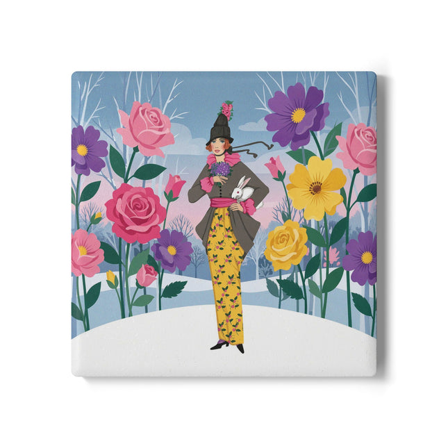 🐇🌸 The Lady With The White Rabbit Ceramic Coaster – Art Deco Floral Whimsy