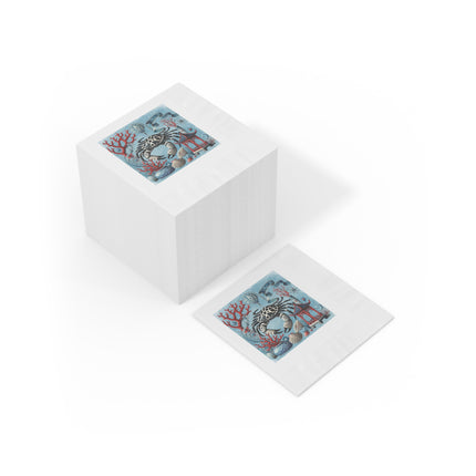 Spotted Crab & Pagoda White Coined Napkins – Mystical Ocean & Asian Harmony