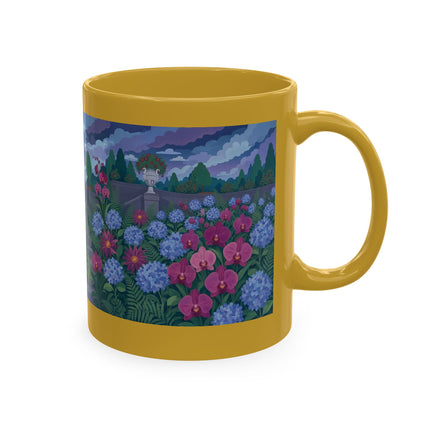 🦚🌸 The Lady & The Peacock On The Garden Steps Ceramic Mug – Art Deco Garden Elegance