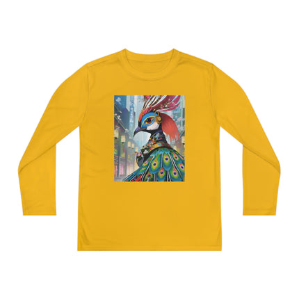 Techno Plumes Youth Long Sleeve Competitor Tee – Futuristic Elegance & Neon Feathers