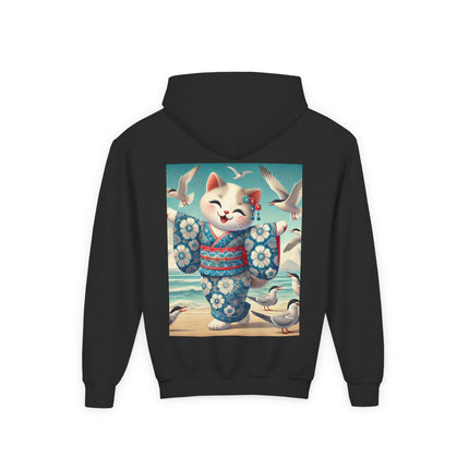 Geisha Kitten by the Seaside Youth Hooded Sweatshirt – Coastal Charm & Playful Style