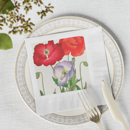 Poppies by Tanigami Kônan White Coined Napkins – Bold Blooms & Japanese Woodblock Elegance