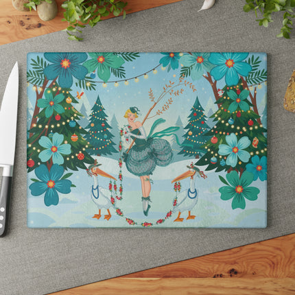 🪶🎄 The Lady Of The Christmas Bird Garden Glass Cutting Board – Art Deco Holiday Fantasy