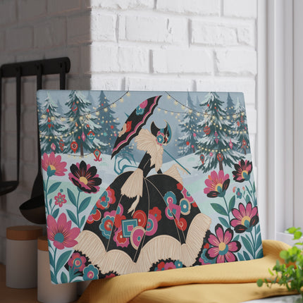 🌸❄️ The Lady Of The Winter Blossom Glass Cutting Board – Art Deco Holiday Fantasy