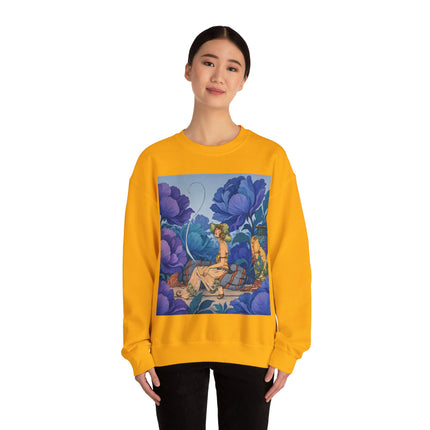 💙🌸 The Lady Among The Blue Blossoms Crewneck Sweatshirt – Art Deco Floral Reverie