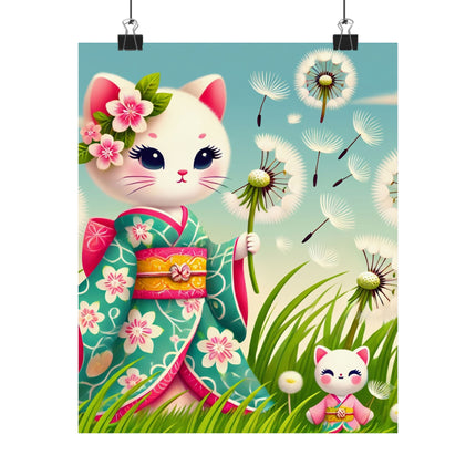 🌾🌼 Geisha Kitten and the Dandelion Wish Matte Vertical Poster – Gentle Wishes & Quiet Wonder