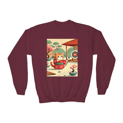 Archer Kitten in the Zen Garden Youth Crewneck Sweatshirt – Focus, Calm & Playful Precision