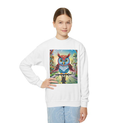 Cycling Owl Youth Crewneck Sweatshirt – Urban Adventure & Playful Motion