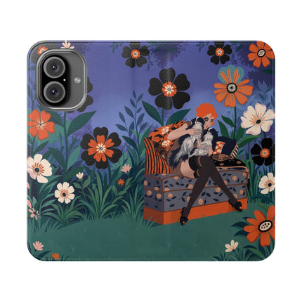 🌺🐈 The Lady Of The Midnight Garden Cat Flip Case – Art Deco Floral Fantasy