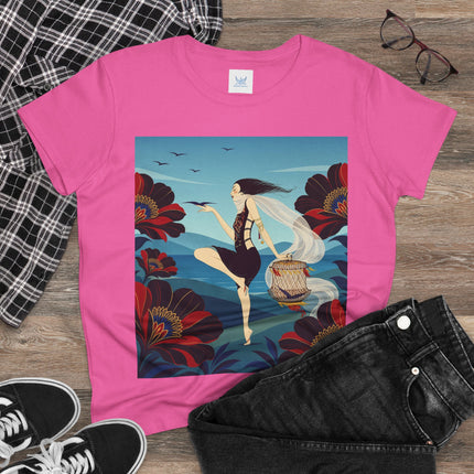 🌊🌺 The Lady Of The Wild Wind Cotton Tee – Art Deco Coastal Fantasy