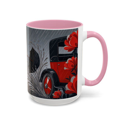 ☔🌹 The Scarlet Rainstorm Promenade Colorful Mug – Art Deco Motoring Elegance