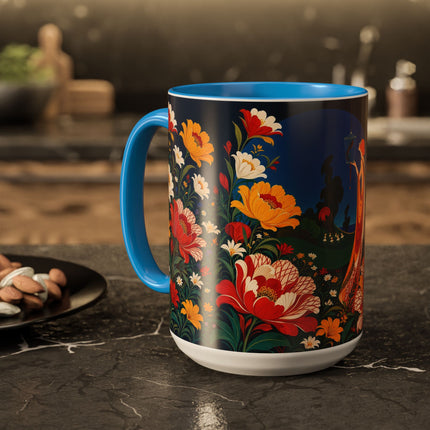 🌺🐦 The Enchanted Birdcage Garden Colorful Mug – Art Deco Floral Fantasy