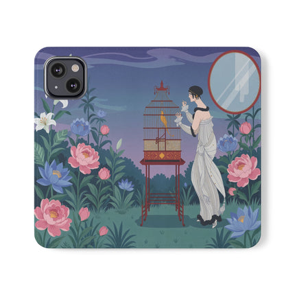 🐦🌸 The Lady And The Golden Bird Flip Case – Art Deco Floral Reverie
