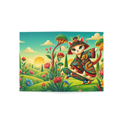 🐉🛹 The Dragon Skateboard Kitten Greeting Card – Whimsical Enchanted Garden