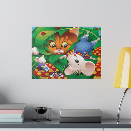 Whimsical Adventure – Playful Cat and Mice in a Colorful Forest