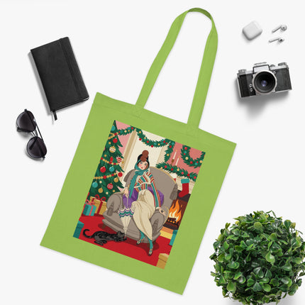 🔥🎄 The Lady Of The Christmas Hearth Cotton Tote Bag – Art Deco Holiday Warmth