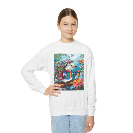 Cute Hedgehog Youth Crewneck Sweatshirt – Garden Adventure & Whimsical Charm