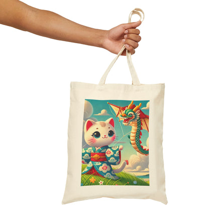 Geisha Kitten and the Dragon Kite Cotton Canvas Tote Bag – Joyful Flight & Dragon Spirit