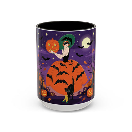 🎃🌕 The Pumpkin Moon Enchantress Colorful Mug – Elegant Halloween Masquerade