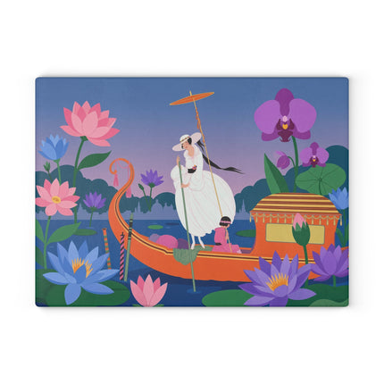 🪷🚣 The Lady Of The Lotus Lake Glass Cutting Board – Art Deco Botanical Fantasy