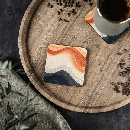 Wave Pattern in Hues of Beige, Orange, Grey, and Black Coasters