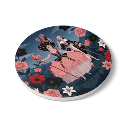 🌹🎭 The Rose Masquerade Promenade Ceramic Coaster – Art Deco Floral Elegance