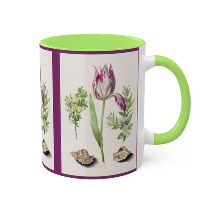 Tulip, Branches of Myrtle and Shells by Maria Sibylla Merian Colorful Mugs, 11oz
