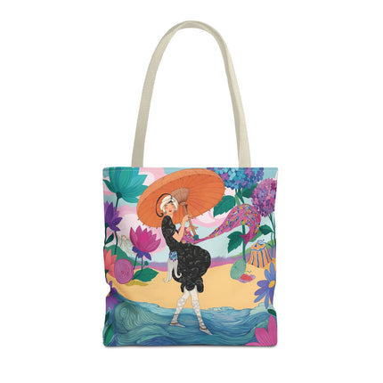 ☂️🌺 The Lady Of The Seaside Parasol Tote Bag – Art Deco Floral Fashion