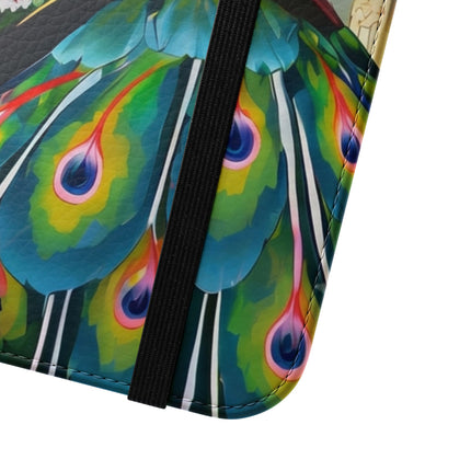 🦚🌸 Techno Plumes Peacock Flip Case – Neon Elegance & Sakura Dreams