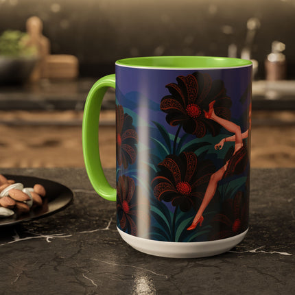 🖤🌺 The Midnight Floral Acrobat Colorful Mug – Art Deco Fashion Whimsy