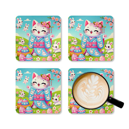 Springtime Kitten’s Easter Joy Corkwood Coaster Set