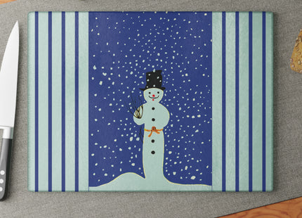 Snowman in Falling Snow Glass Cutting Board