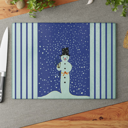 Snowman in Falling Snow Glass Cutting Board