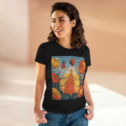 🧡🌼 The Golden Flower Promenade Cotton Tee – Art Deco Floral Elegance