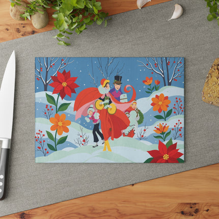 🎄🌺 The Christmas Carolers In The Poinsettia Garden Glass Cutting Board – Whimsical Holiday Fantasy