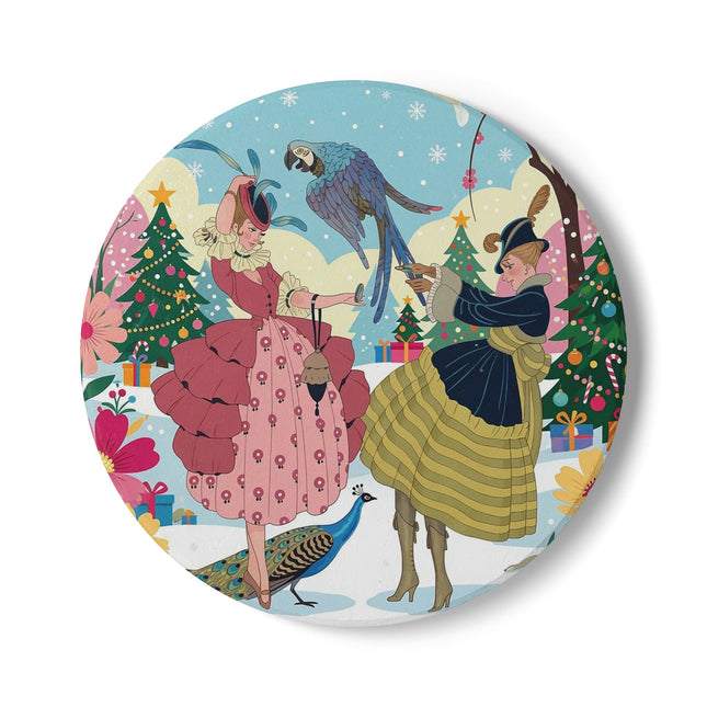 🦜🎄 The Christmas Parrot Promenade Ceramic Coaster – Art Deco Holiday Fantasy
