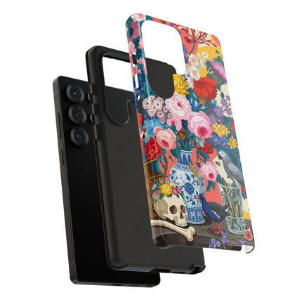 Floral Vanitas Phone Case – Parrot & Porcelain Splendor