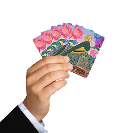 🕊️🌺 The Lady And The Crimson Birdcage Playing Cards – Art Deco Tropical Garden Elegance