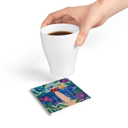 🌊🔭 The Lady Of The Seaside Lookout Ceramic Coaster – Art Deco Nautical Adventure