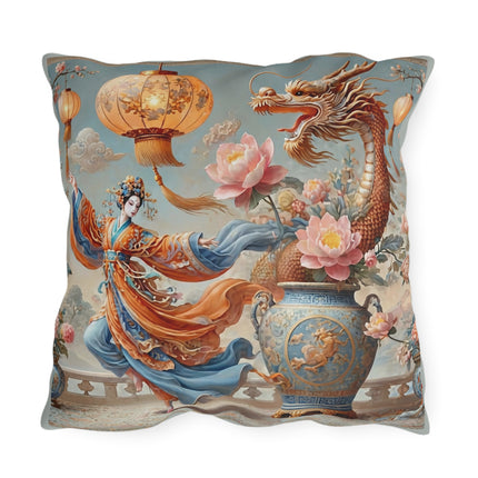 Golden Dragon & Lantern Lady Outdoor Pillows – Imperial Dragon & Elegant Harmony