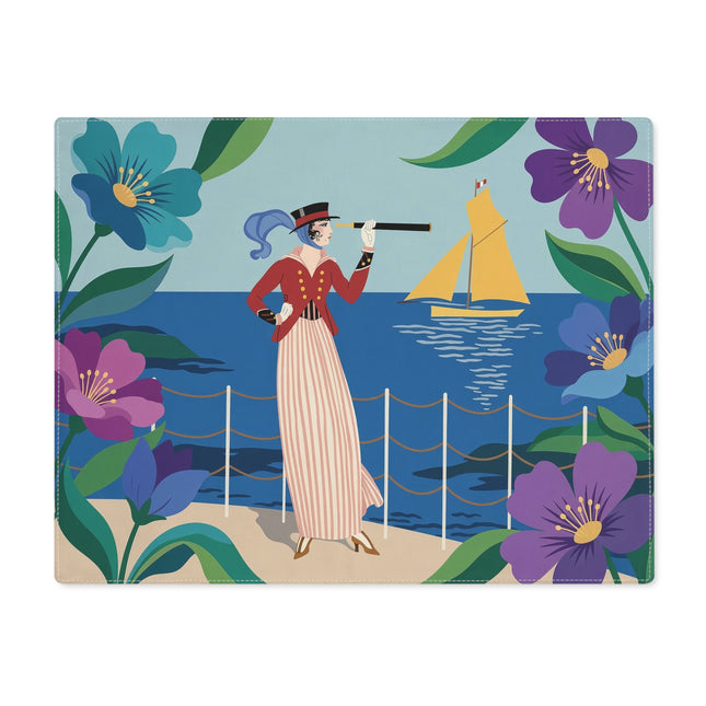 🌊🔭 The Lady Of The Seaside Lookout Placemat – Art Deco Nautical Adventure