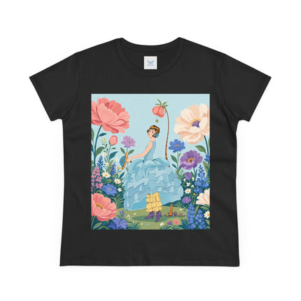 🌸🩵 The Blue Ruffle Garden Cotton Tee – Art Deco Floral Whimsy