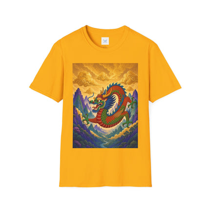 🐉🌄 The Golden Sky Dragon Softstyle T-Shirt – Mystical Mountain Fantasy